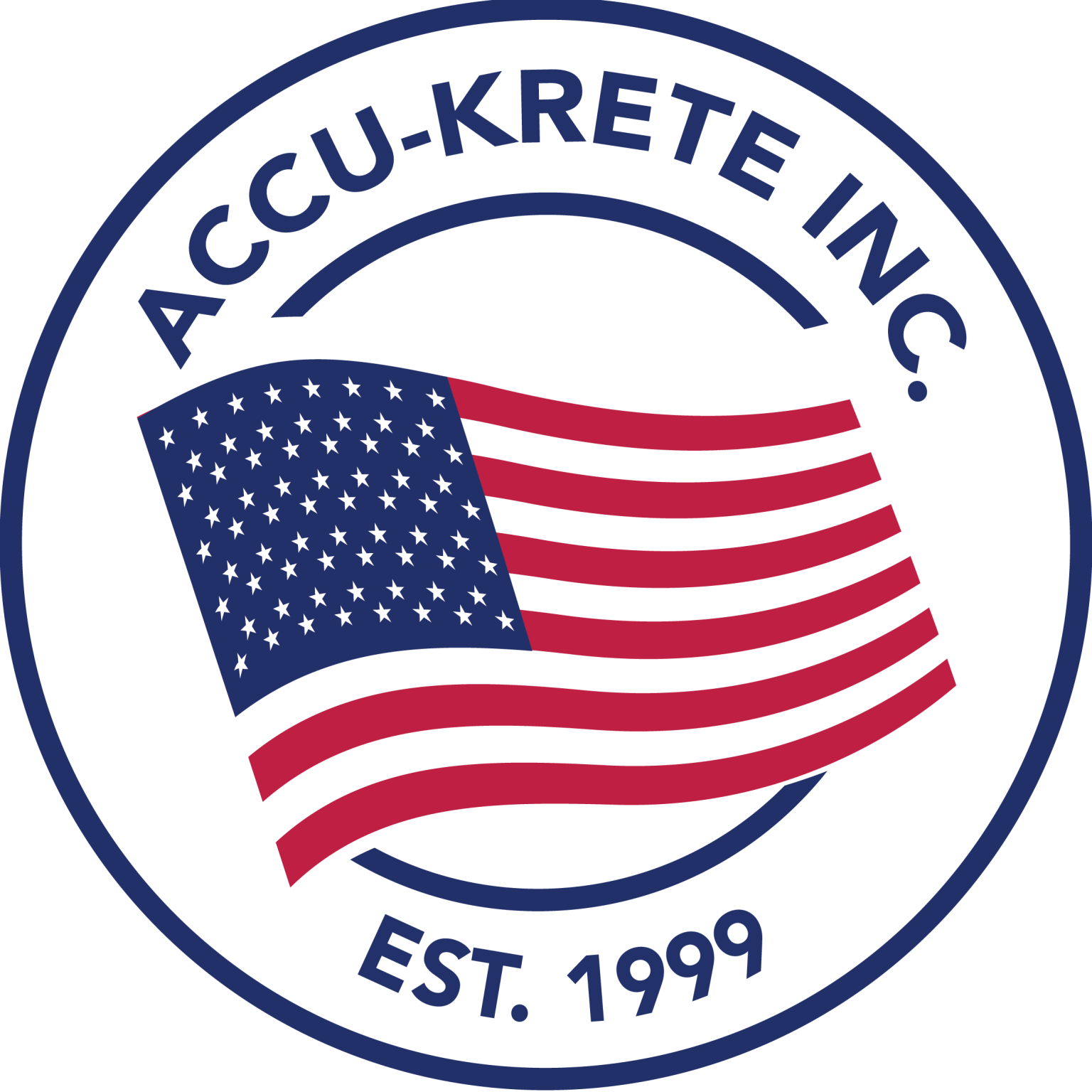 Accu-Krete Inc. logo featuring a waving American flag, established 1999, representing reliable concrete contracting services in Altamonte Springs, FL.