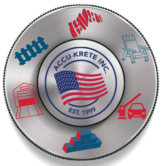 Accu-Krete Inc logo featuring an American flag, surrounded by icons representing concrete services like patios, driveways, and decorative finishes, established in 1999.