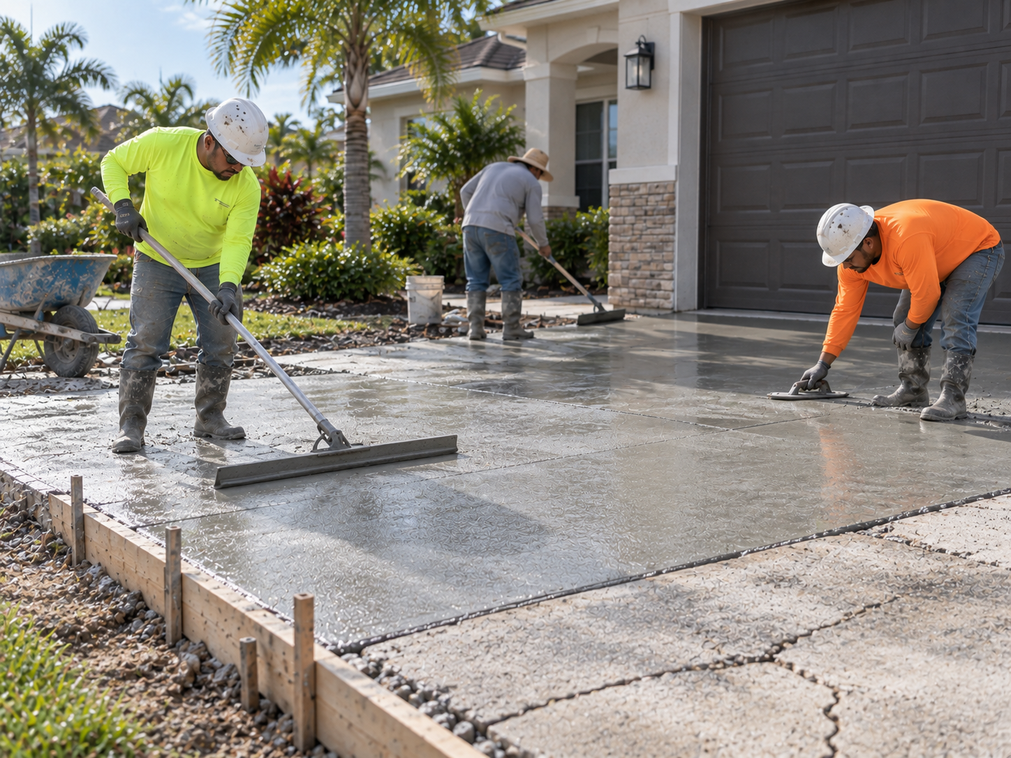 Concrete crew installing a driveway in Orlando Florida
