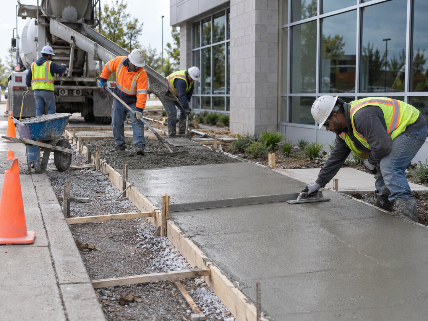 Retail property sidewalk concrete example with workers finishing a commercial walkway